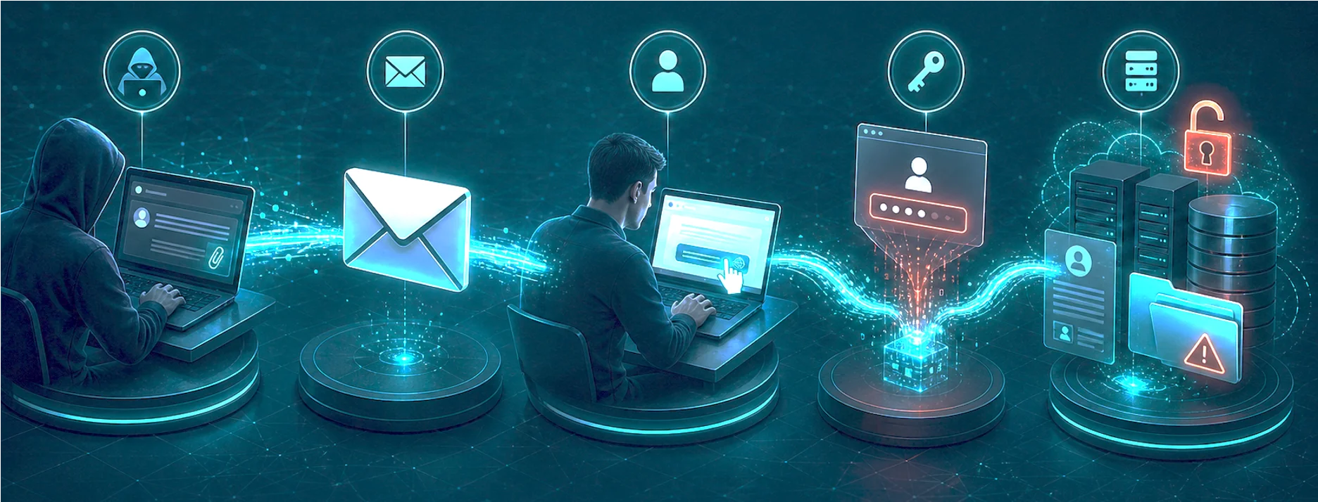 Phishing flow: reconnaissance, interaction, and compromise